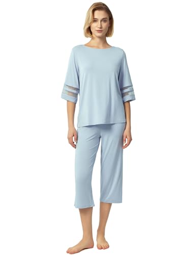Image of GYS Bamboo Viscose Capri Pajamas for Women Set Cooling 3 /4 Sleeve Pjs | Moisture-Wicking Sleepwear for Night Sweats, OEKO-TEX Certified, Gentle on Sensitive Skin, Soft Sleep Lounge Sets