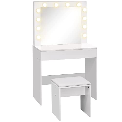 homcom Set Tavolo da Trucco Toeletta con Specchio, 12 Luci LED, Sgabello Imbottito e Ampio Cassetto in Legno, 80x40x140 cm, Bianco