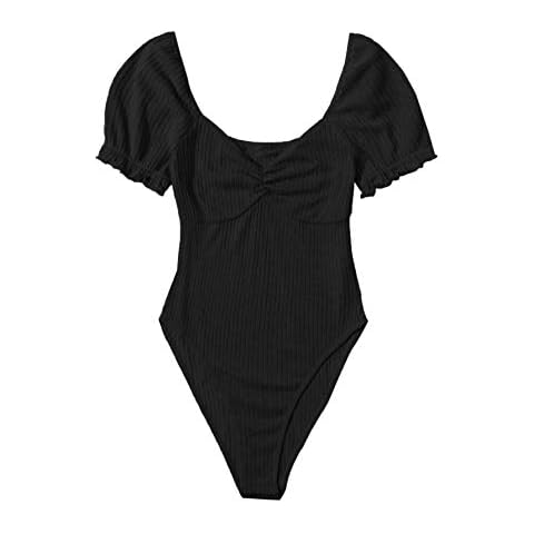 Milumia Women's Puff Sleeve Ruched Bust Sweetheart Neck Ribbed Knit Bodysuit Tops - black - Large Cover