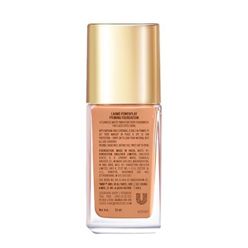 Image of LAKME Powerplay Priming Foundation Liquid, Natural, Flawless Finish, Medium To Full Coverage, Built in Primer, Long Lasting, SPF 20, Cool Tan, 25ml