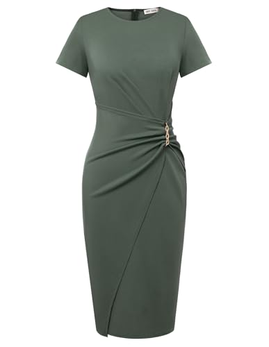 GRACE KARIN Work Dresses for Women 2026 Short Sleeve Sheath Business Midi Dress Wrap Bodycon Office Cocktail Outfits Eden Green S