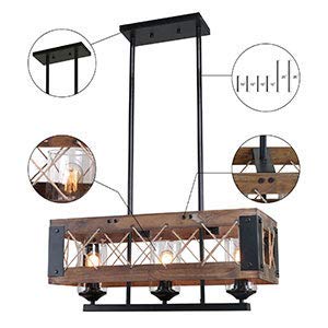 LALUZ Pendant Lighting for Kitchen Island, 3-Light Lantern Wooden Chandelier in Painted Black Metal with Clear Glass Shades & Hemp-Ropes, 24"L 10.6"W 10.2"H Rustic Light Fixture - Thumbnail 6