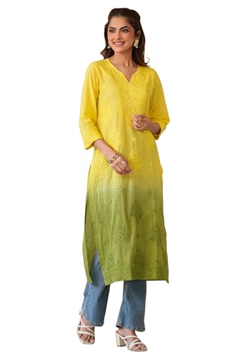 Image of Janasya Women's Pure Cotton Chikankari Embroidered Straight Kurta
