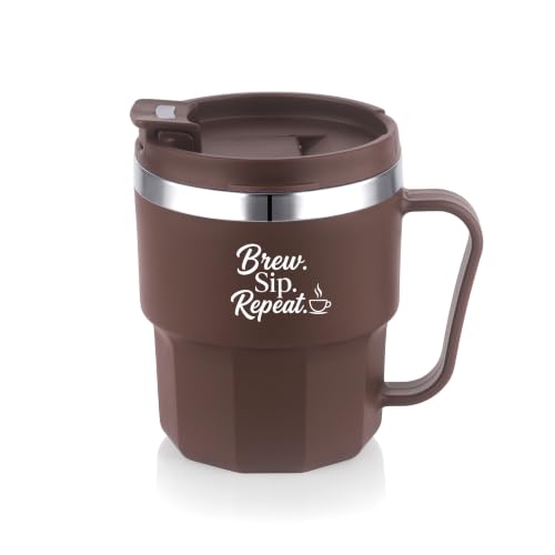 Image of ATTRO Sipzo Double Wall Inner Steel Coffee Mug, 350ml, Microwave Safe, Stainless Steel Inner, BPA Free Food Grade Outer, Leakproof Lid with Dust Cover, Wide Mouth, Office & Travel Mug-Brown