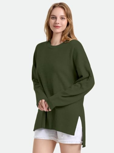 ZANZEA Women's Fall Sweaters 2025 Oversized Loose Long Sleeve Crew Neck Side Slit Dressy Knit Casual Pullover Tops3