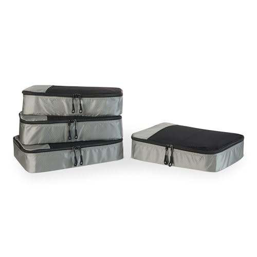 Amazon Essentials Juego de 4 Cubos para Viaje, Organizador de Equipaje con Doble Cremallera, Parte Superior de Malla, 100% Poliéster, Mediano, Gris (anteriormente Amazon Basics)