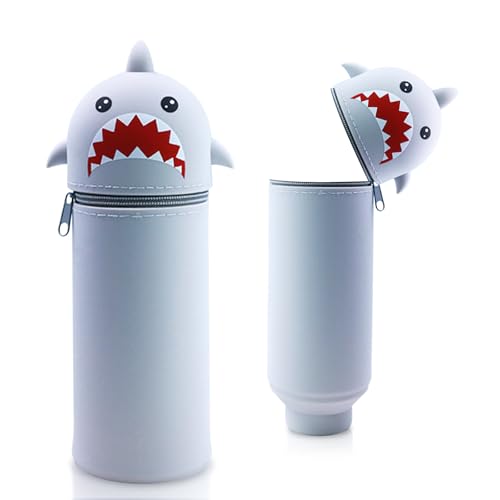 Sykerout Astuccio in silicone con motivo animali - grazioso astuccio scolastico 2 in 1 in morbido silicone | Astuccio e portapenne | Astuccio per la scuola e l'ufficio (Squalo grigio)
