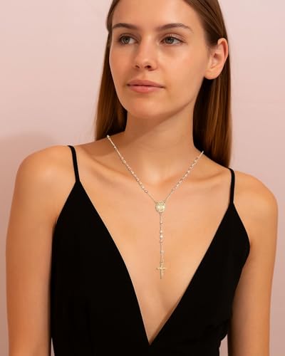 J&H DiaJuvelo Rosary Necklace for Women 14K Gold Plated Rosemary Y Chain Layered Dainty Cross Long Virgin Mary Pendant Beads Catholic en route Jewelry rosarios catolicos para mujer3