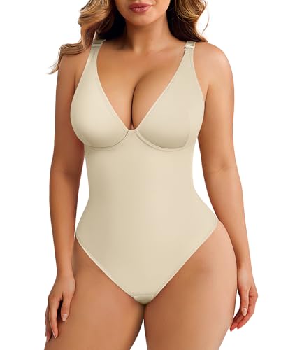 FeelinGirl Shapewear Bodysuits for Women Tummy Control Body Suits Deep V Neck Thong Body Shaper