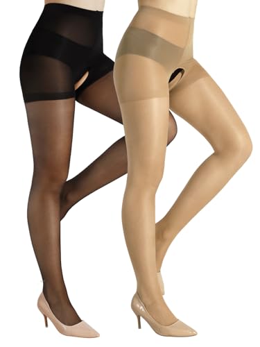 2 Pairs Sheer Pantyhose For Women 20D High Waist Suspender Tights with Control Top