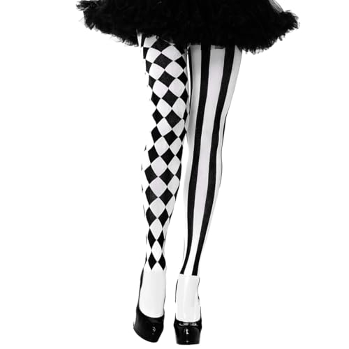 Harlekin Strumpfhose, Schwarz Weiß Damen Strumpfhose, Gestreift und Karomuster Zirkusstrumpfhosen, Overknees Strümpfe Zirkus Clownstrümpfe für...