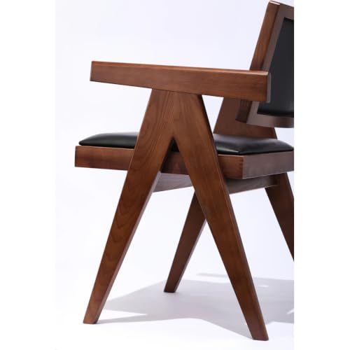 Image of Solid Wood Arm Chair with Cushion and Cane Back Support Chair Living Room Bedroom Home Wooden Armchair Furniture Garden Balcony Outdoor & Indoor (Walnut Chair with Black Leather 2)