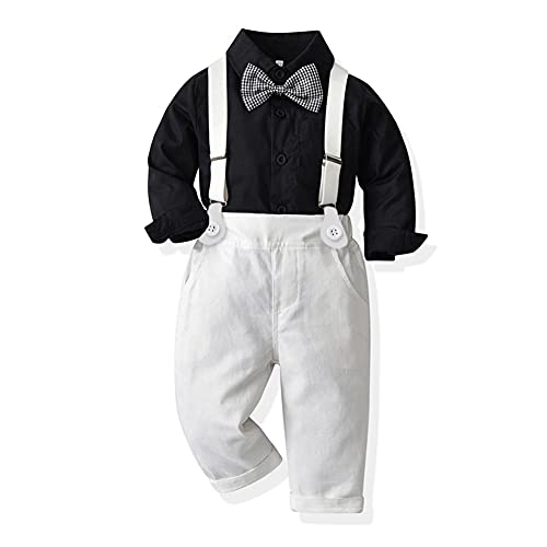 Autumn Baby Boys Clothes Sets Toddler Boy Outfits Gentleman Suits 3Pcs Striped Bow Tie Shirts And Suspenders Pants Casual Birthday Formal Wedding Party Dress Suits Black + White Plaid Tie 6-12 Months #TOP7