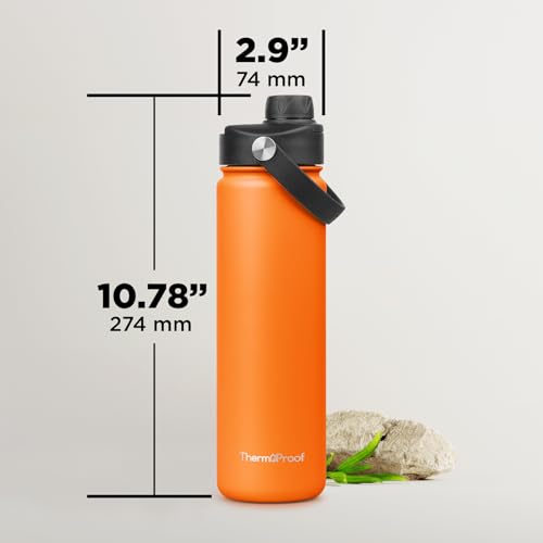 Image of ThermoProof Double-Walled Vacuum Insulated Stainless Steel Water Bottle - Wide Mouth with Chug & Spout Lids, Dishwasher Safe, Reusable, Leakproof, Hot & Cold for Men, Women - 22oz, Sunset Orange