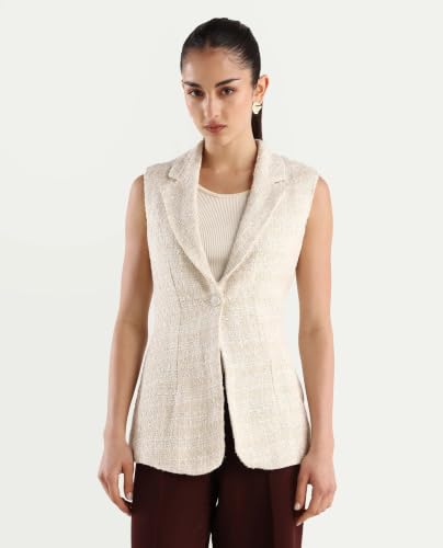 Image of Rareism Fitted Solid Beige Polyester Blend Sleeveless Lapel Coat