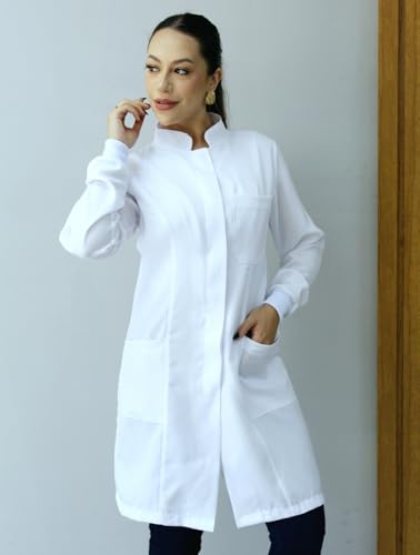 Kit 2 Jalecos Feminino Oxford Gola Padre Botão Embutido Com Punho Enfermeira Dentista Esteticista Mé