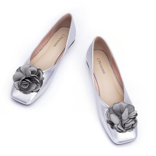 Image of C.Paravano Ballet Flats for Women | Women's Flats | Square Toe | Slip On Dress Shoes | Satin Flower Shoes
