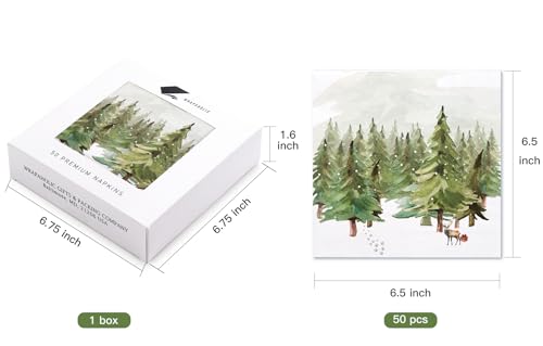 WRAPAHOLIC 50Pcs Christmas Paper Napkins - Winter Watercolor Pine Forest Elk 3-Ply Disposable Luncheon Napkin for Christmas Party Supplies Tableware, Xmas Holiday - 6. 5 x 6.5 In – Image 4