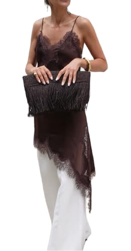Women Lace Trim Satin High Low Tops Silk Spaghetti Strap Side Split Asymmetrical Cami Top Flowy Silky Layering Tops(Brown,Large)