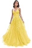 Women's Lace Applique Plus Size Tulle Prom Dress 2025 V-Neck A-Line Long Ball Gown Spaghetti Straps Formal Evening Party Bridesmaid Wedding Guest Gown Yellow 10