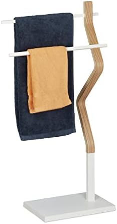 Relaxdays Towel Rack Standing, Dryer in Bent Design with 2 Bars, HxWxD: 85 x 43.5 x 20 cm, Wood & Metal, White/Natural