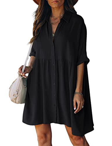 Bsubseach Women Beach Shirt Dress Swimsuit Cover Up Beachwear Button Down Tunic Blouse Black