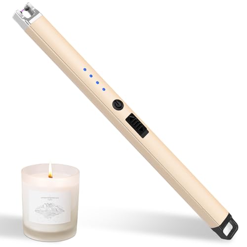 Image of Candle Lighter, Rechargeable USB Electric Lighter, Windproof Flameless, LED Display, Battery Indicator for BBQ, Grill, Camping, Fireplace, Stove, Parties (Champagne Gold)