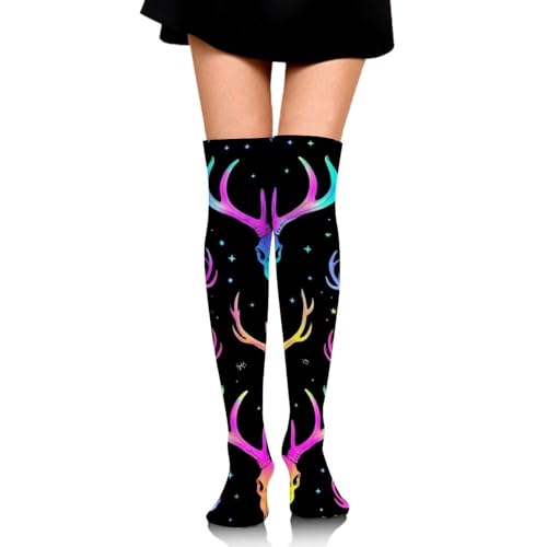Meaudiwes Fashion Over Knee Socks Thigh High Socks Personality Long Boot Stockings Goth Moon Stars Hunting Deer Skulls