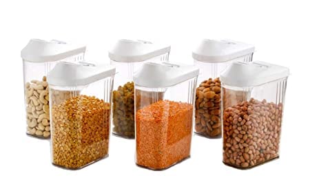 Kkart Easy Flow Plastic Kitchen Storage Jars Dispenser & Container Set BPA Free Airtight Unbreakable Transparent store Cereal Rice Pulse (1700 Ml Set Of 6)