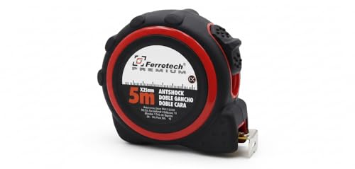 FERROTECH Flexómetro Antishock Cinta Cara Blanca Doble Gancho C/Nylon 5mx25mm Negro Metros