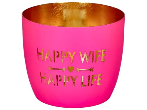 Gift Company Madras, Windlicht, M, Motiv: Happy wife, happy life, hot pink/gold