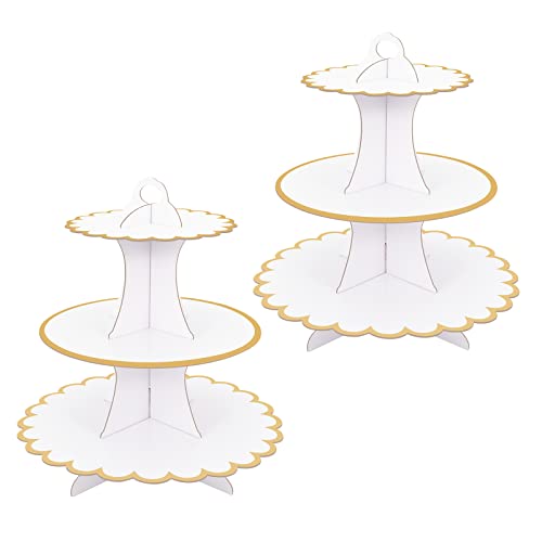 2 Pack White Cake Stand Cardboard Cupcake 3 Tier Cupcake Dessert Holder Cardboard Round Tower Cake Stands for Afternoon Tea 3 Tier Cake Stand for Birthday Party Baby Showers