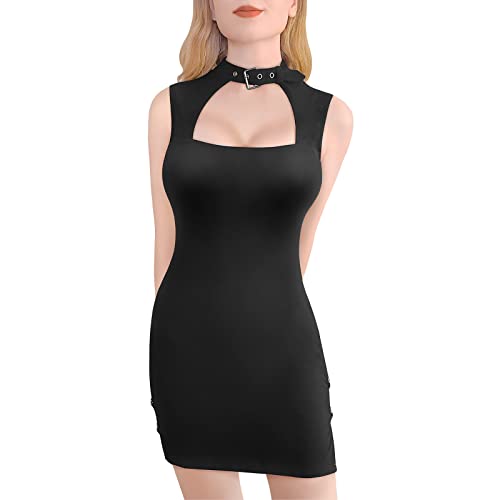 LittleForBig Damen Baumwoll Ärmellos Cyber Goth Kragen Mini Kleid Rock Schwarz XXXXL