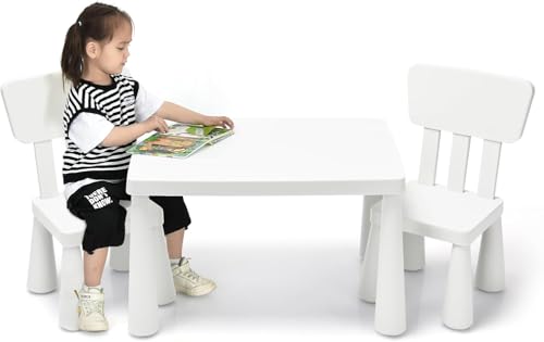 GOPLUS Juego de Mesa y Sillas para Niños de 1-7 Años, Conjunto de Mesa y Silla Infantil, Mueble para Bebé Pupitres de Juego Actividad Estudio, Estilo Sencillo, Carga 50 KG (Blanco)