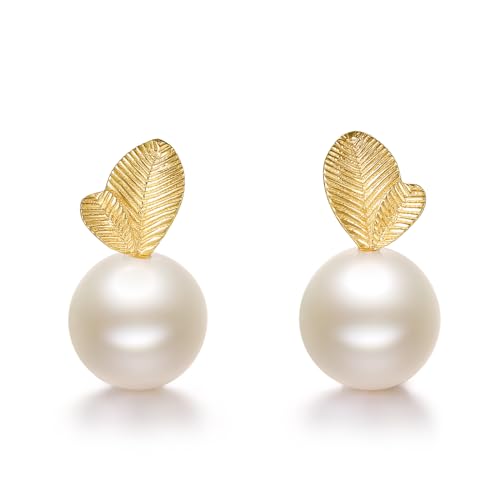18K Gold Earrings Pearl Drop Earrings Studs Yellow Gold Women Stud Earrings Leaf Studs for Women Her KHPB0951202