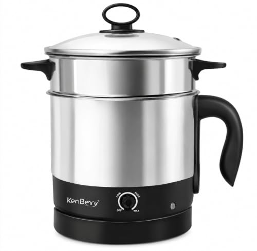 Image of KenBerry Stainless Steel 600 Watts Handy Cook Multi Electric Kettle 1.5 L With Steel Steaming Basket