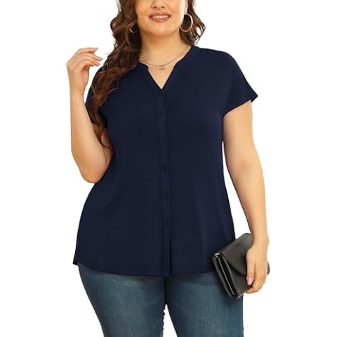 TIANZHU Women's Plus Size Black Shirt Button Down Business Casual Blouse V Neck Office Shirt Short Sleeve Simple Top 3X Navy Blue NO Cover