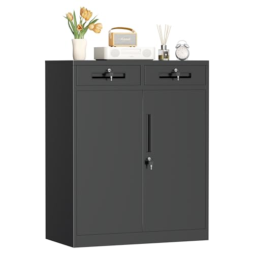 Image of INTERGREAT Metal Garage Storage Cabinets with Lock,Steel Storage Cabinet with Drawer and 2 Adjustable Shelves, Small Lockable Office Steel Cabinet for Home, Warehouse, School, Black