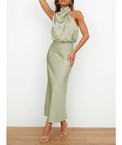 Image of Sexyshine Women's Elegant Halter Tie Neck Sleeveless Satin Long Dress Backless Split Cocktail Party Formal Wedding Maxi Dress