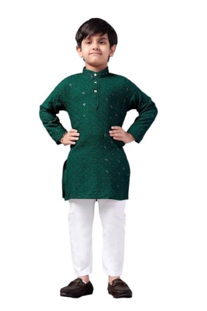 Image of Valaki Kurta Pajama Set for Boys Cotton Blend Mirror Work Embroidery Kurta Pyjama for Boys