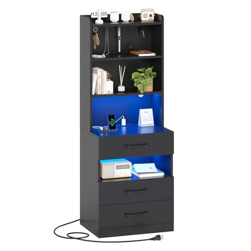 AOGLLATI Tall Nightstand with Charging Station and LED Lights Night Stand with 3 Drawers and Storage Shelves Bedside Table with Bookshelf Modern End Side Table for Bedroom Black