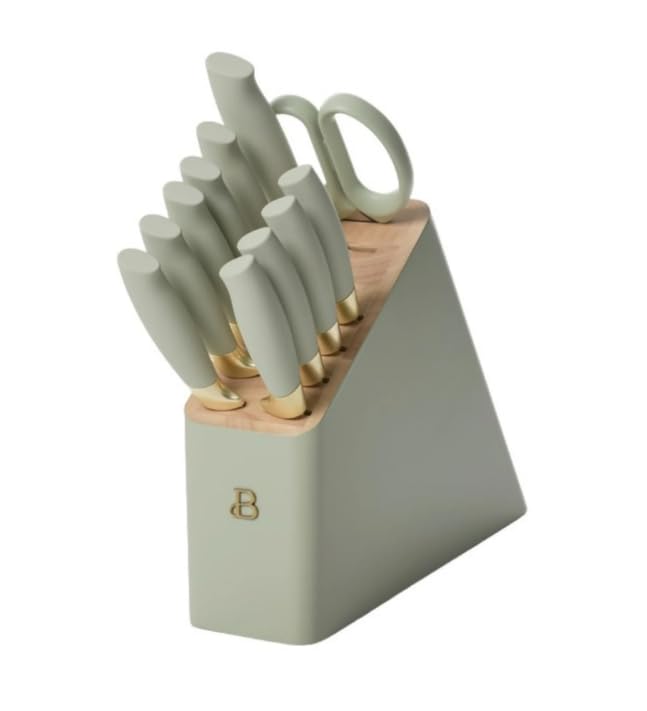Drew Barrymore 12-Piece Knife Set – Stainless Steel with Soft-Grip Handles & Block, Sage Green