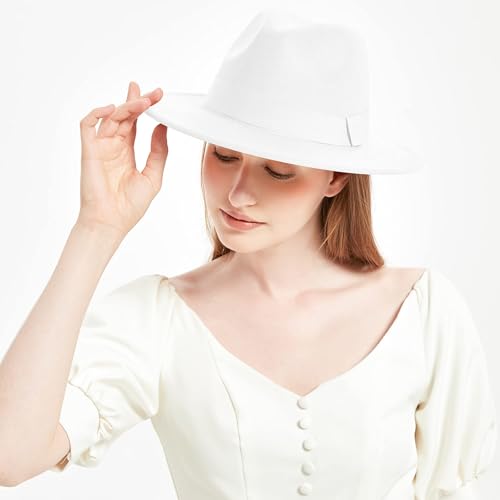 Image of KUJUHA Fedora Hats for Mens /Womens Felt FedoraHats Two Tone Wide Brim Fedora Hats Rancher Hat