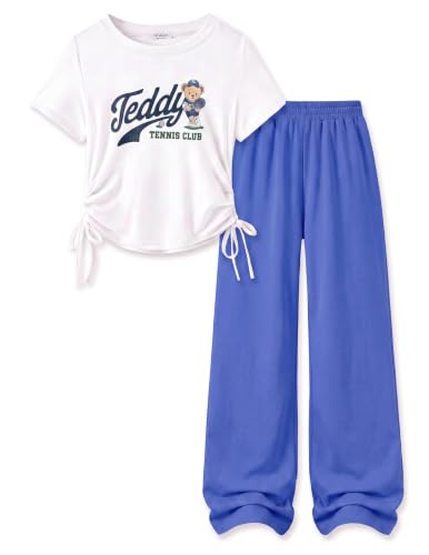 Image of Arshiner Girls 2 Piece Outfit Ruched Drawstring Tops and Wide Leg Pants Set