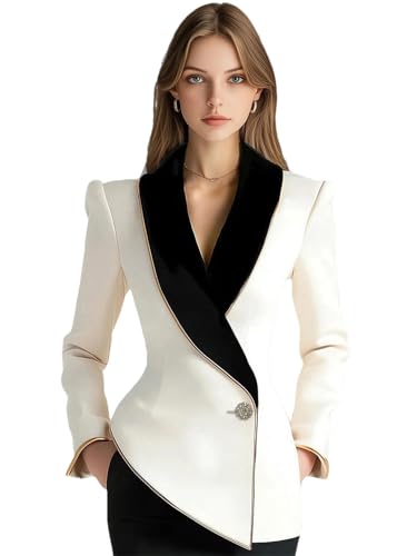 Women Blazer Jacket Elegant Asymmetrical Contrast Lapels Long Sleeves Slim Blazers