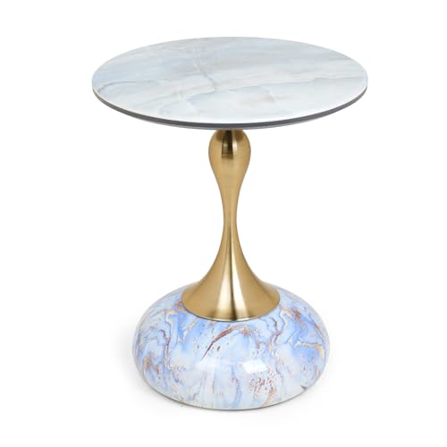 Image of Round Side Table with Marble Top, Brushed Golden Pedestal Base, Metal Base with Marble Effect, Modern Accent Table for Living Room, Bedroom (Blue-ish White)