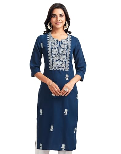 Image of SIRIL Women's Cotton Blend Relaxed Fit Chikankari Kurta | Lucknowi Kurta | Embroidery Kurti
