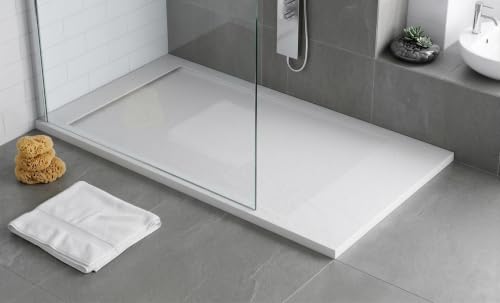 Plato de ducha resina FLOW desagüe lineal frontal color Blanco 140x70 textura pizarra antideslizante rejilla extraplana integrada a juego. Incluye válvula de desagüe