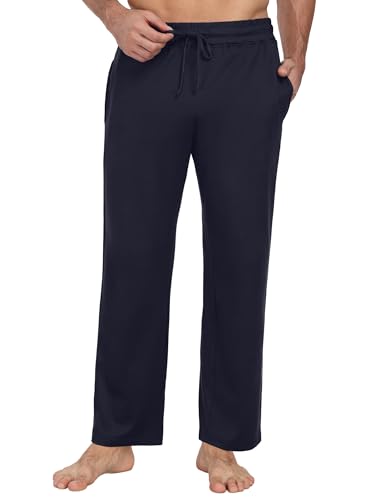 PrinStory Mens Pyjama Bottoms Long Drawstring Pajama Pants Wide Leg Lounge Pants Elasticated Waist Pj Bottoms With Pockets (Navy Blue, L)
