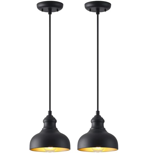 GOALPLUS 7in Dome Black Farmhouse Barn Pendant Light with Brass Interior, 2 Pack Outdoor Porch Hanging Lamp Small Industrial Barn Style Pendant Lighting for Bedroom Kitchen Hallway, Height Adjustable
